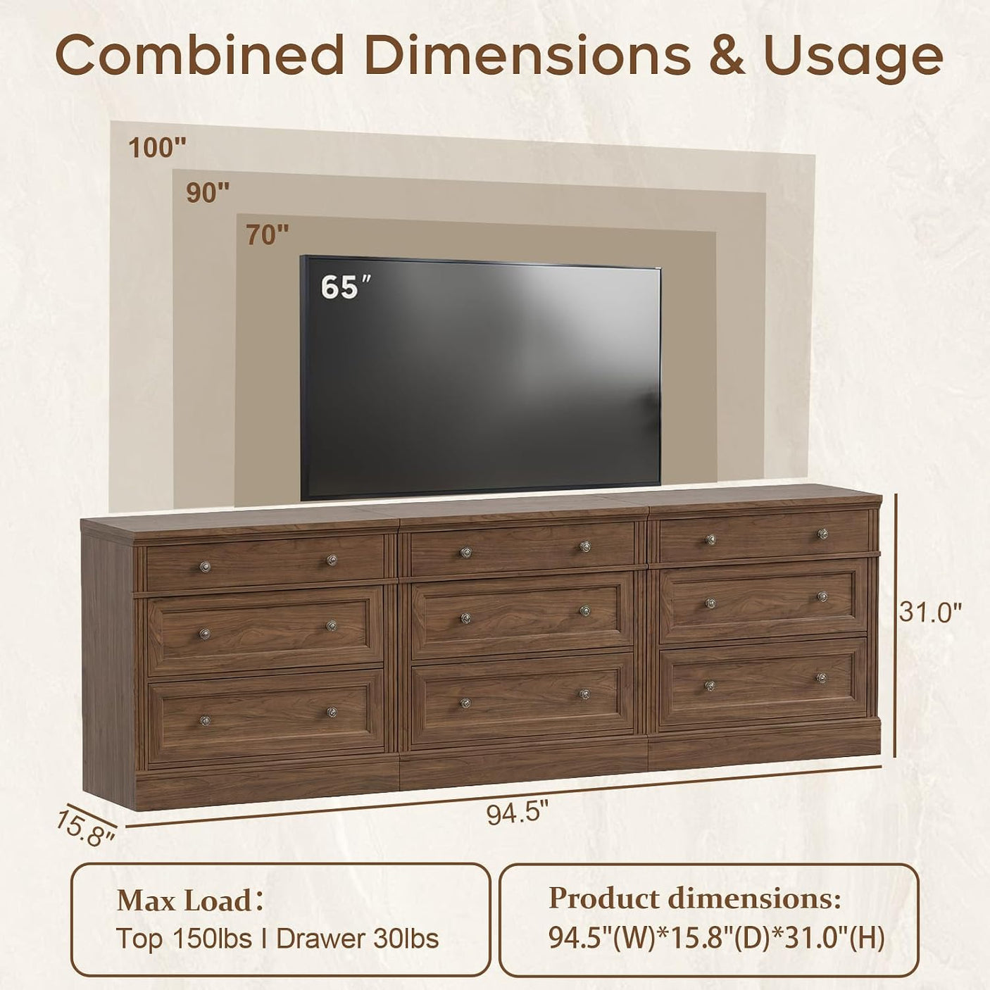 31.5" Oversized Nightstand with 3 Drawers | Light Oak, Ivory White & Walnut