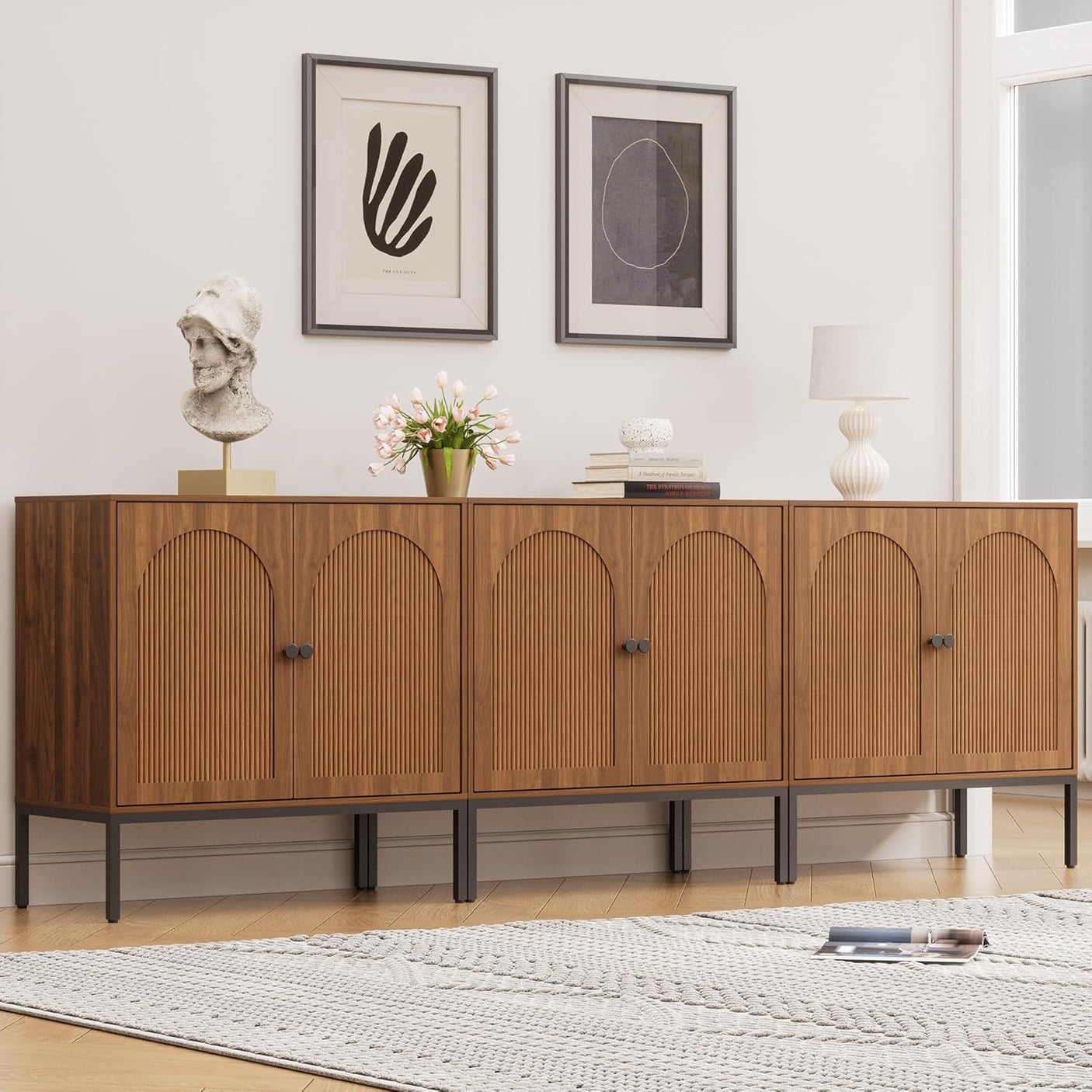 Fluted Sideboard Cabinet with Storage – 2-Door Arched Buffet Credenza | Mid-Century Modern | Walnut & Black