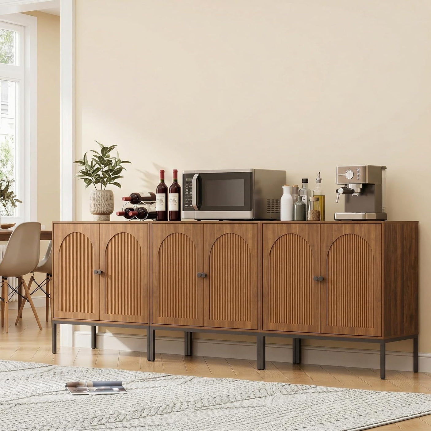 Fluted Sideboard Cabinet with Storage – 2-Door Arched Buffet Credenza | Mid-Century Modern | Walnut & Black