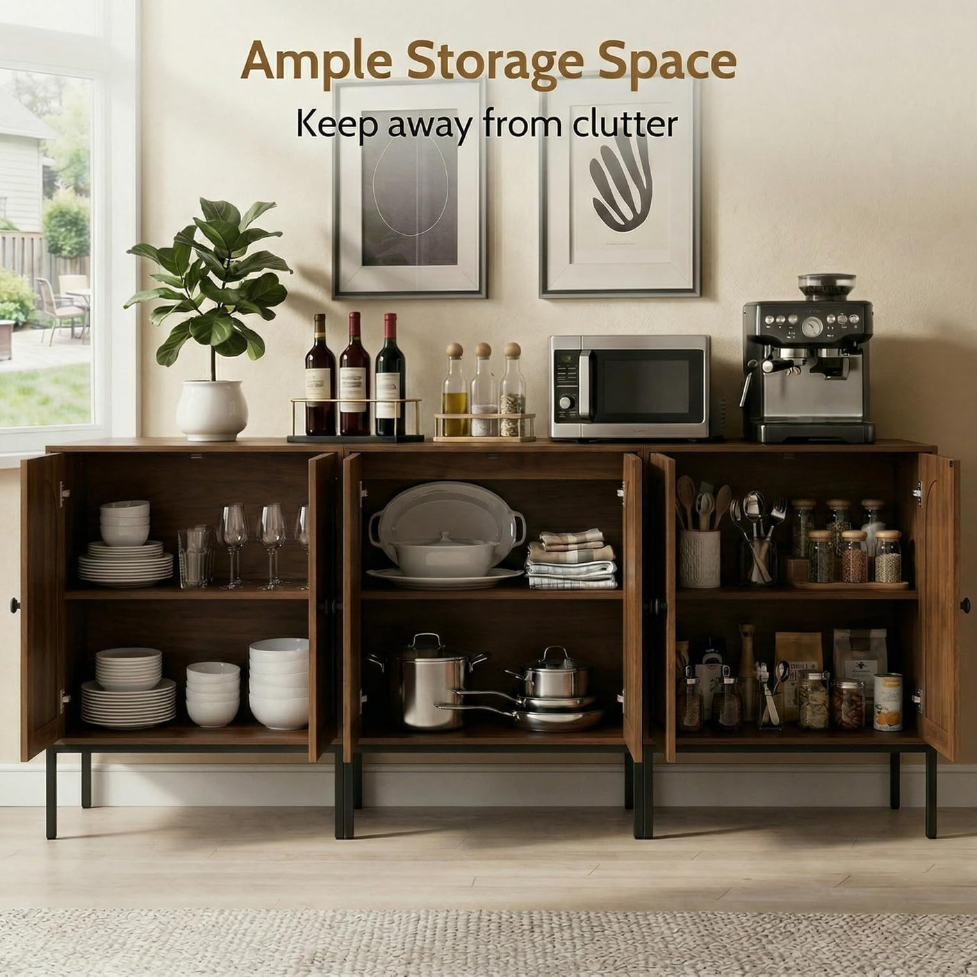 Fluted Sideboard Cabinet with Storage – 2-Door Arched Buffet Credenza | Mid-Century Modern | Walnut & Black