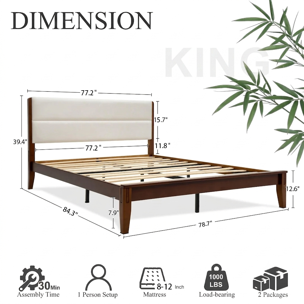 Yechen King Bed Frame – FSC Bamboo, Japanese Joinery & Upholstered Headboard
