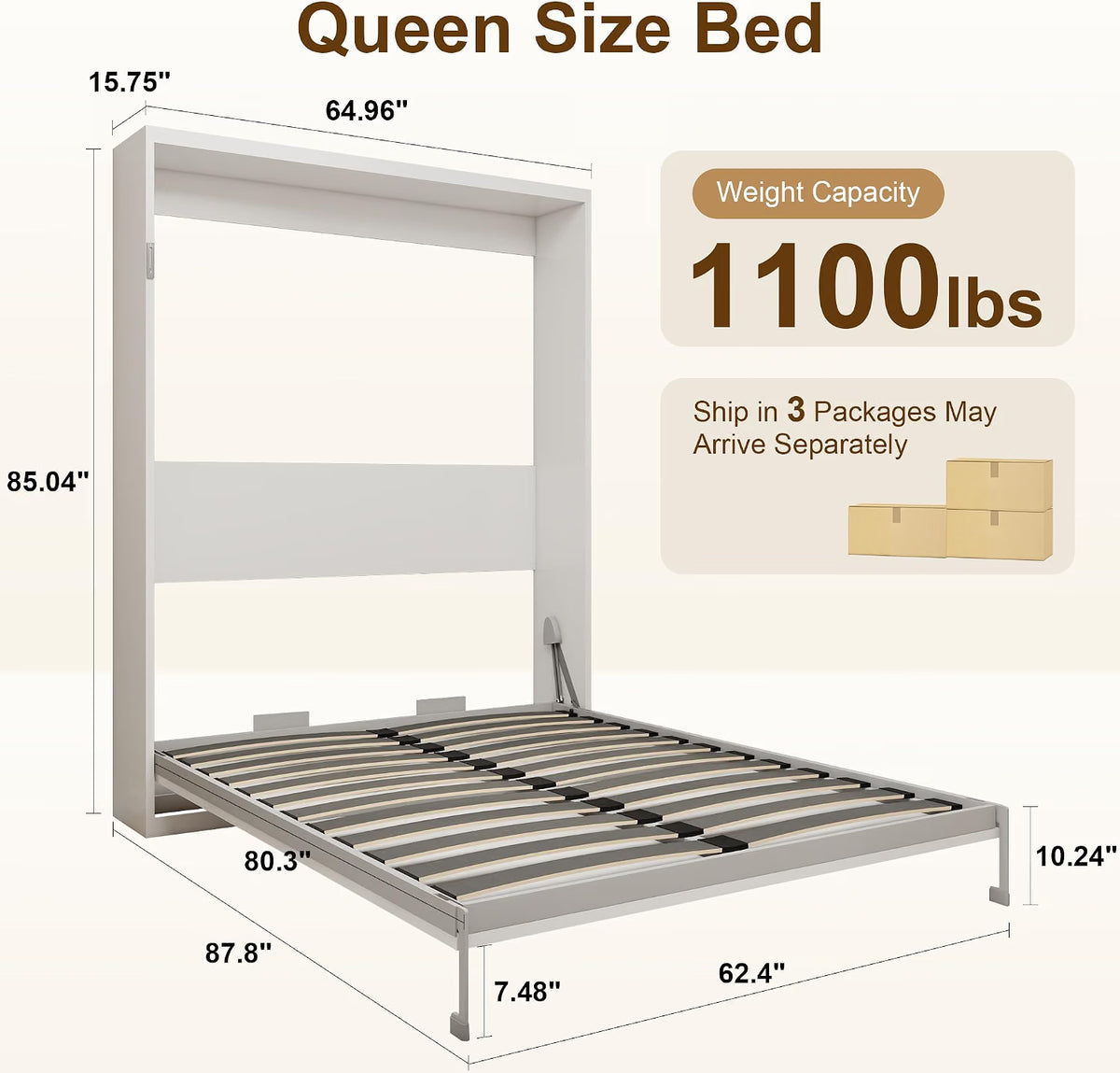 White Queen Murphy Bed with Grey Slat Frame | Yechen Home