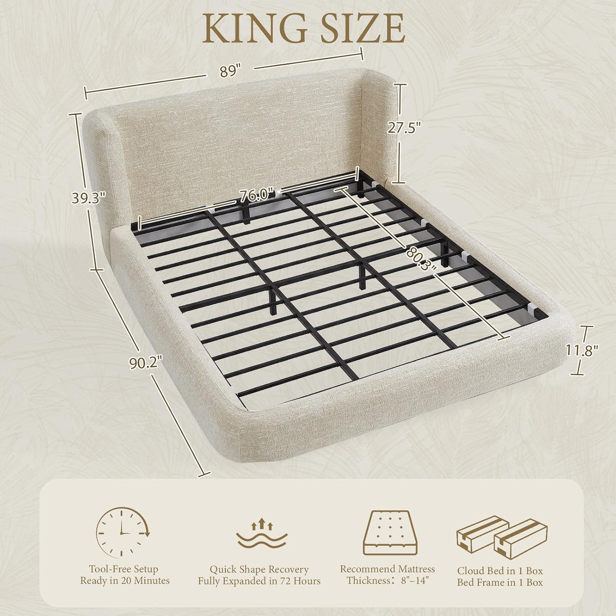 YECHEN Cloud Bed Frame - Modern Water-Resistant Bouclé Upholstered Platform Bed, Tool-Free Assembly, No Box Spring Needed