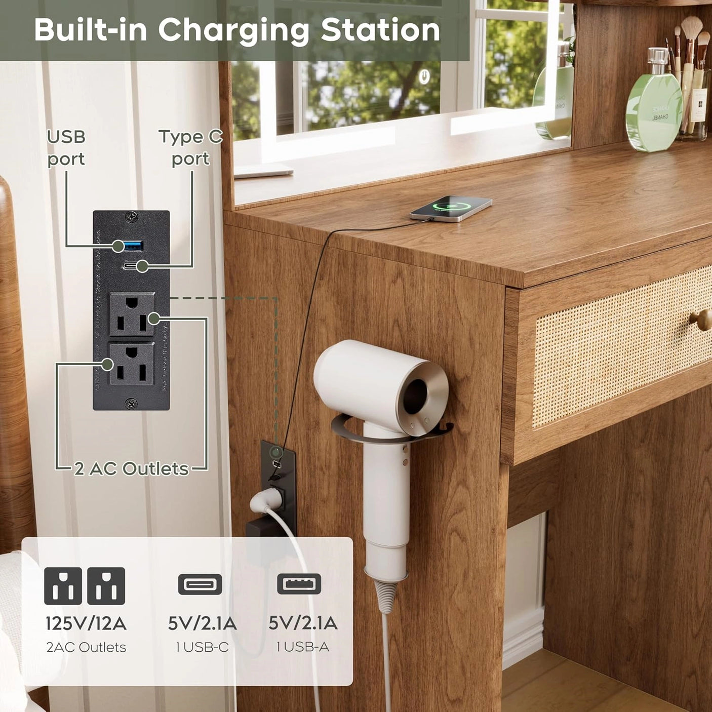 Yechen 35" Boho Makeup Vanity Desk with XL LED Lighted Mirror & Power Strip, Modern Rattan Dressing Table Set with Cushioned Stool & Storage Shelves for Bedroom