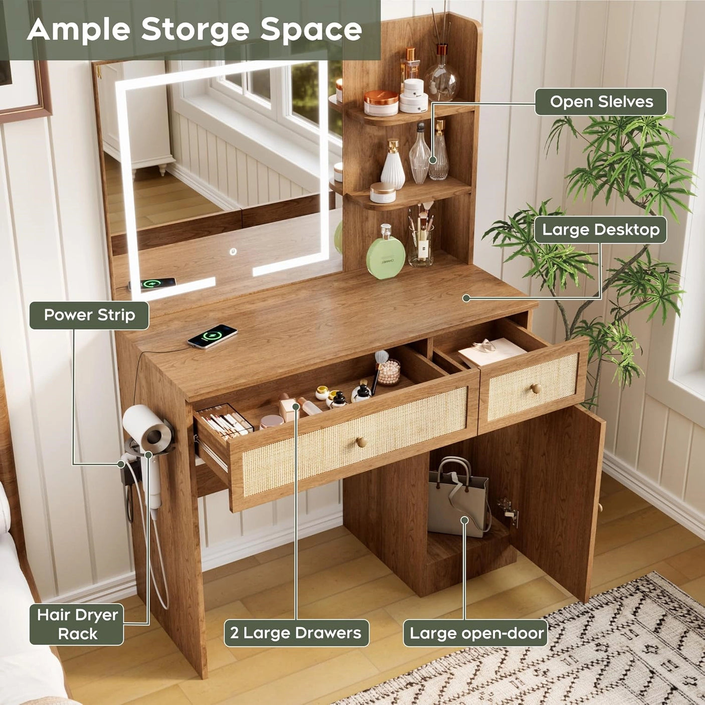 Yechen 35" Boho Makeup Vanity Desk with XL LED Lighted Mirror & Power Strip, Modern Rattan Dressing Table Set with Cushioned Stool & Storage Shelves for Bedroom