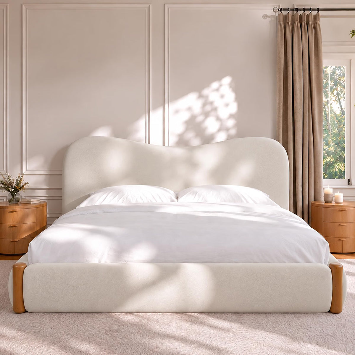 Cloud Bed Frame with Solid Wood Posts | 6-Inch Thick Headboard | 40.5" Tall Camelback Curved Headboard | Upholstered Platform Bed | Queen & King