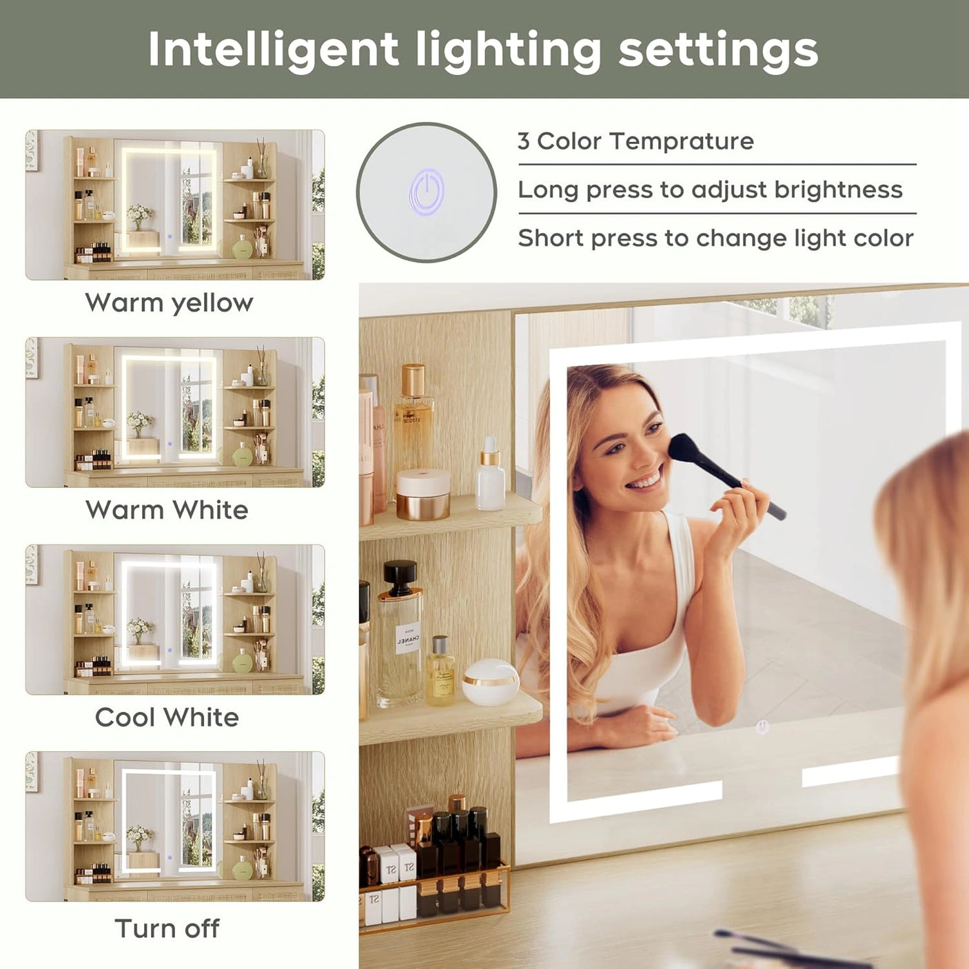 Yechen 35" Boho Makeup Vanity Desk with Sliding LED Mirror & Built-in Power Strip, Modern Rattan Dressing Table Set with Cushioned Stool for Bedroom