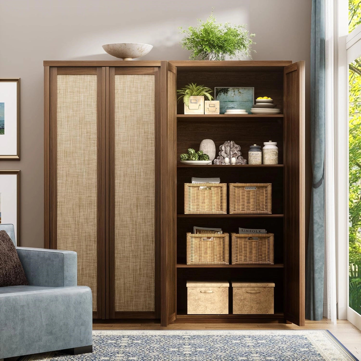 Yechen 67" Tall Kitchen Pantry Cabinet, Rattan Storage Cabinet with Solid Wood Integrated Handleand Adjustable Shelves, Cupboard with Doors for Livingroom,Dining Room, Dark Walnut