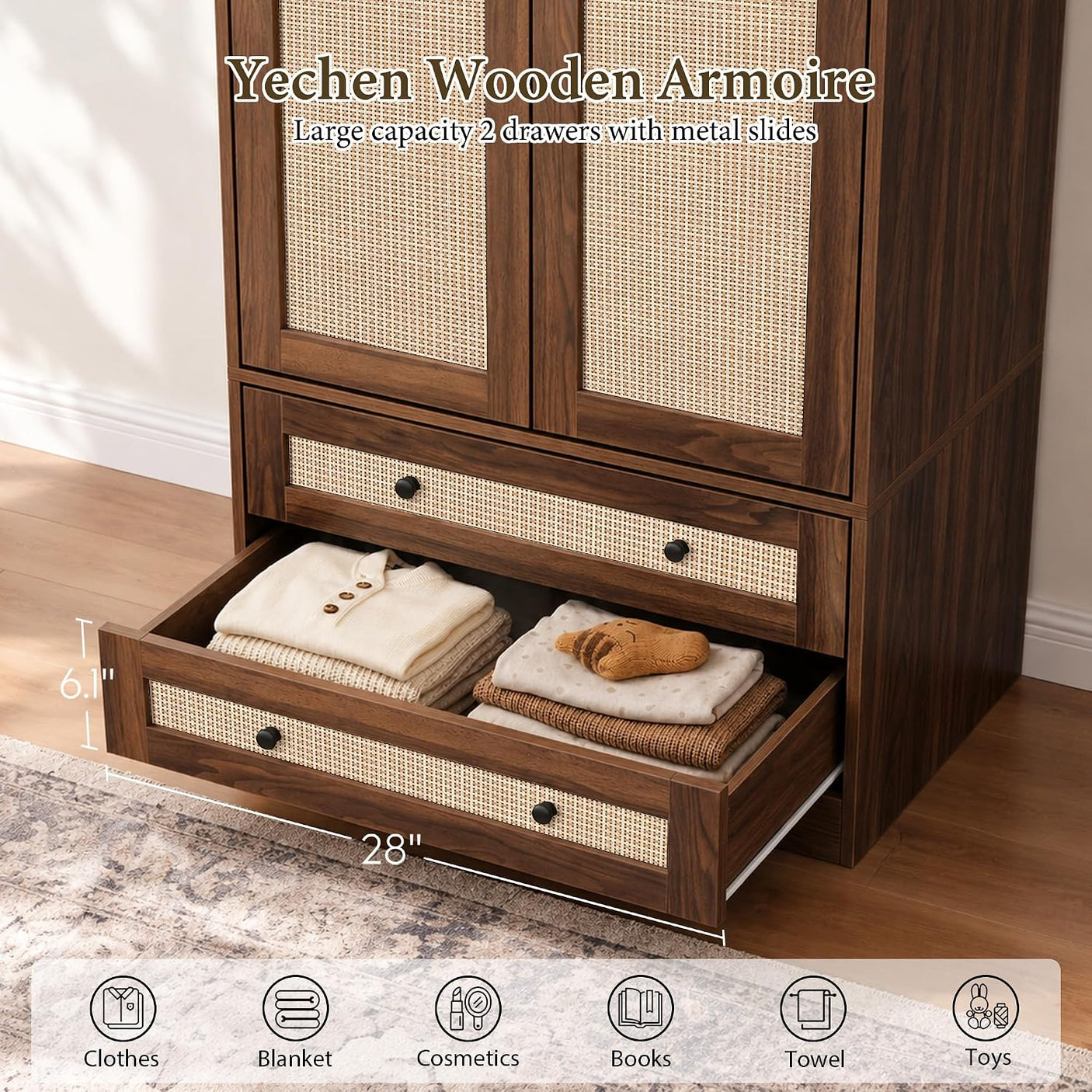Yechen 71" Wooden Armoire Wardrobe Closet with 2 Doors & 2 Drawers, Walnut. Adjustable Shelf and Hanging Rail