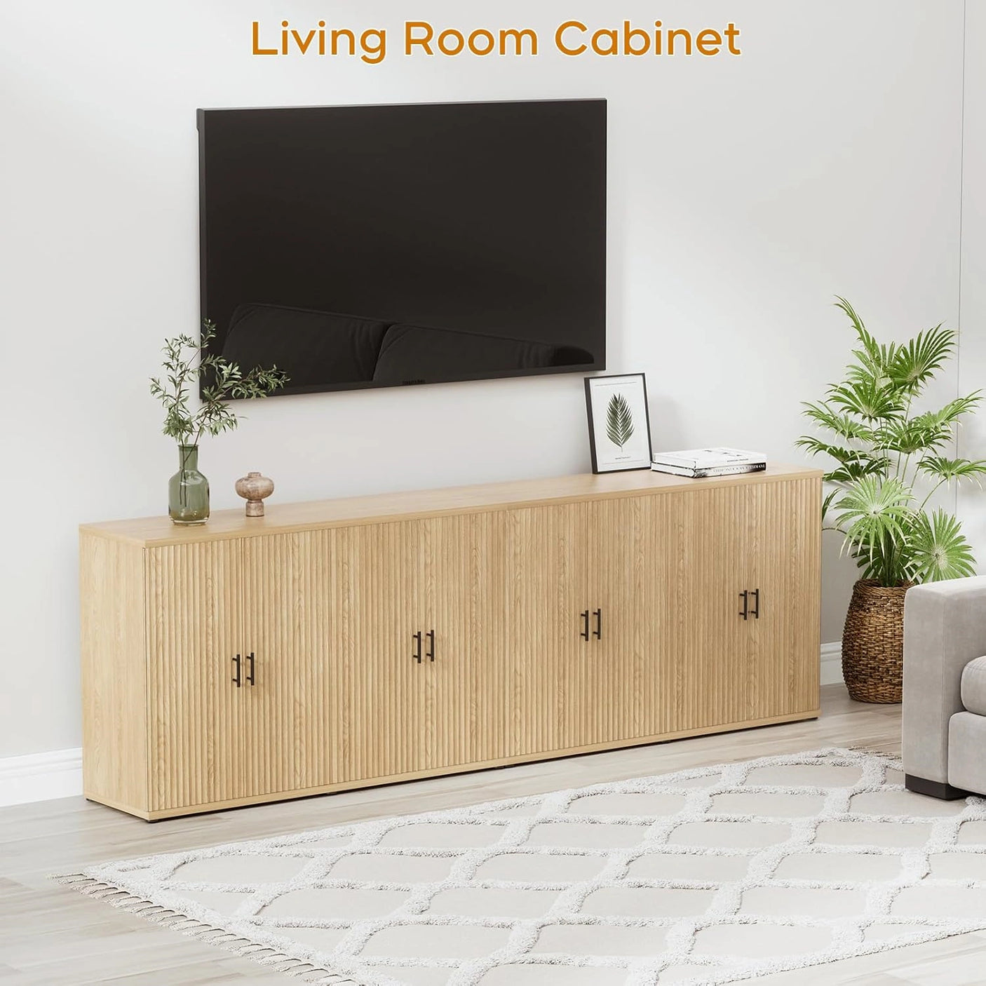 Yechen Black Accent Fluted Sideboard Buffet Cabinet with Storage and 4 Doors, Mordern Credenza Storage Cabinet with Adjustable Shelves, Media Console Table, for Living Room Dinning Entryway Kitchen