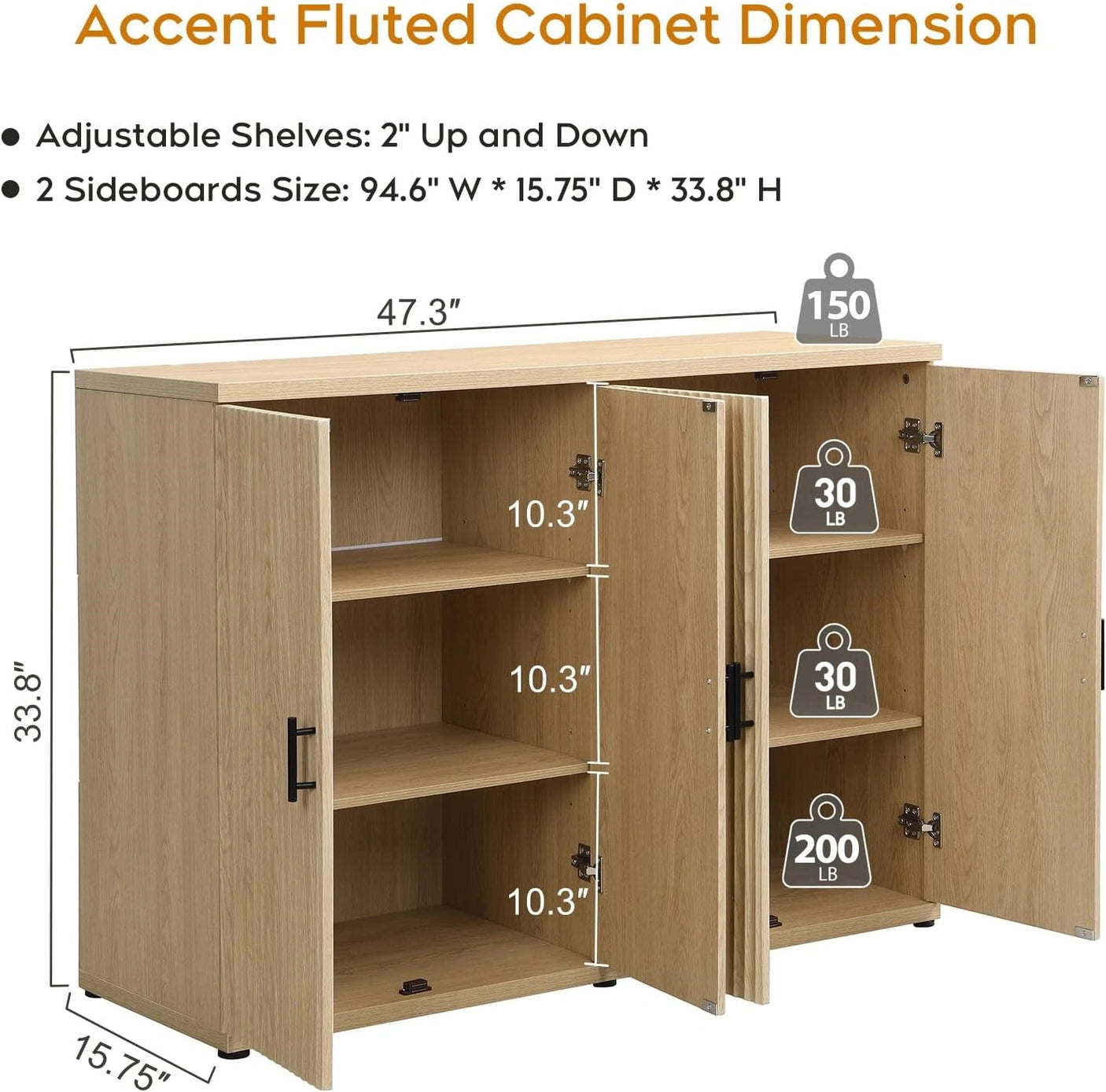 Yechen Black Accent Fluted Sideboard Buffet Cabinet with Storage and 4 Doors, Mordern Credenza Storage Cabinet with Adjustable Shelves, Media Console Table, for Living Room Dinning Entryway Kitchen