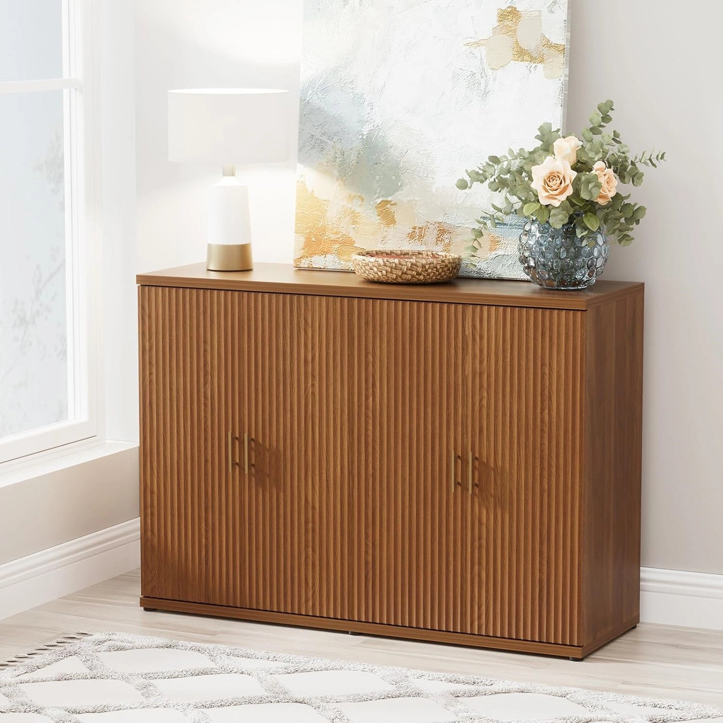 Yechen Black Accent Fluted Sideboard Buffet Cabinet with Storage and 4 Doors, Mordern Credenza Storage Cabinet with Adjustable Shelves, Media Console Table, for Living Room Dinning Entryway Kitchen