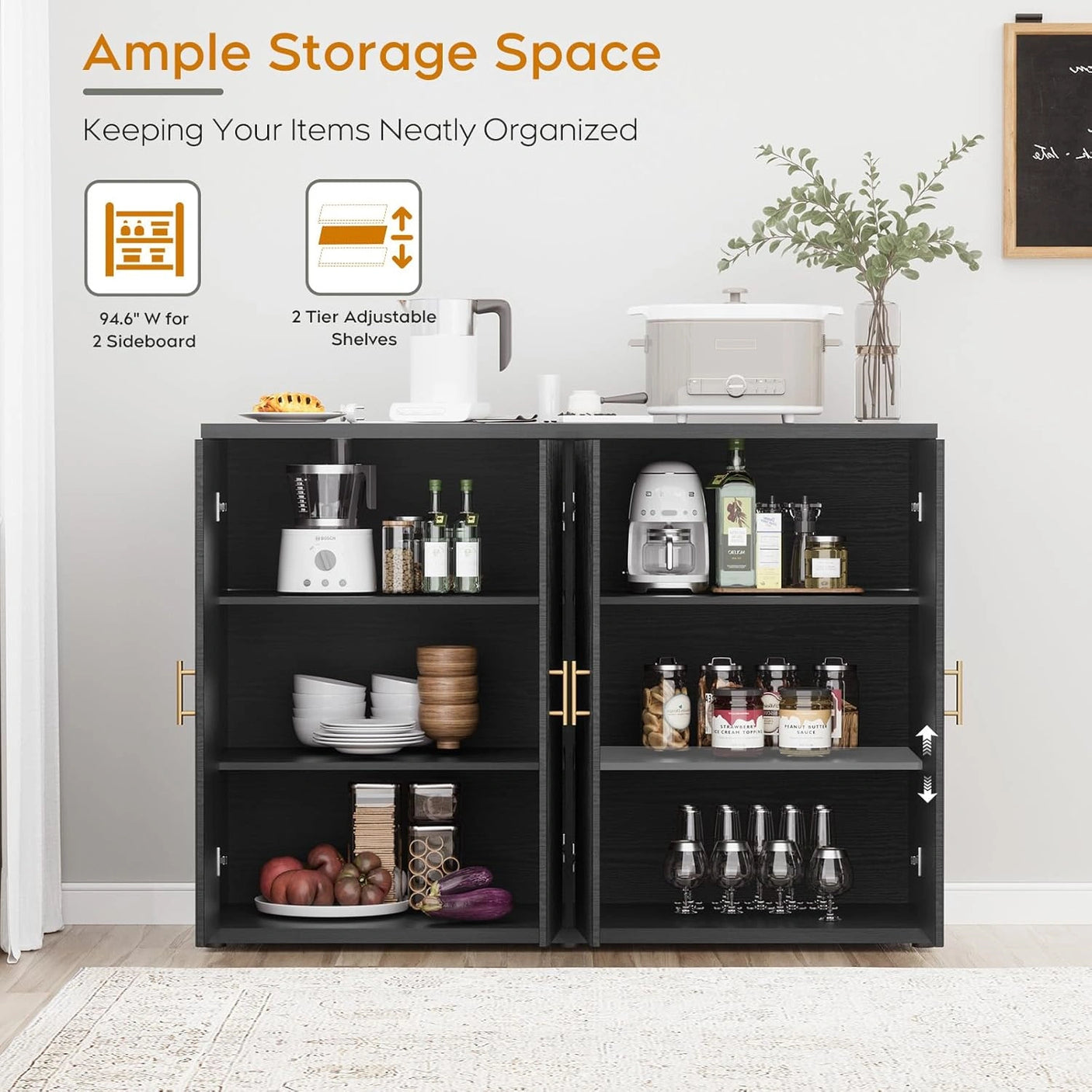 Yechen Black Accent Fluted Sideboard Buffet Cabinet with Storage and 4 Doors, Mordern Credenza Storage Cabinet with Adjustable Shelves, Media Console Table, for Living Room Dinning Entryway Kitchen