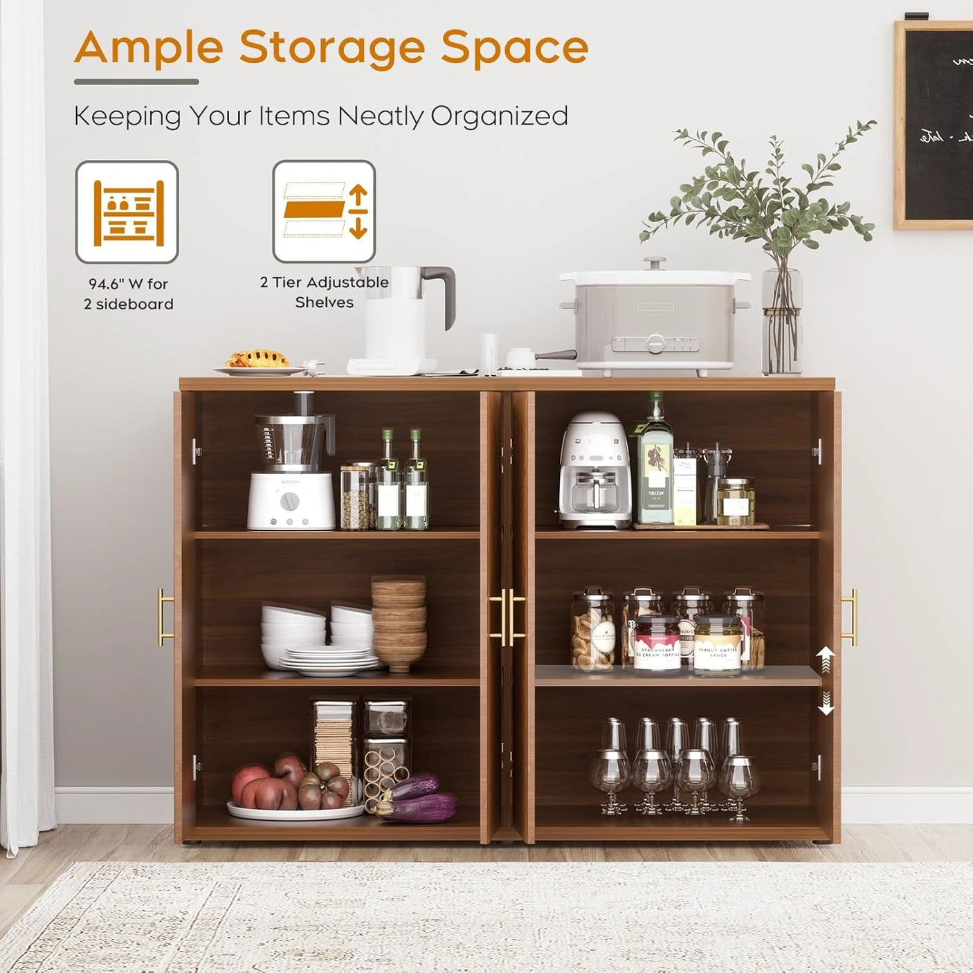 Yechen Black Accent Fluted Sideboard Buffet Cabinet with Storage and 4 Doors, Mordern Credenza Storage Cabinet with Adjustable Shelves, Media Console Table, for Living Room Dinning Entryway Kitchen