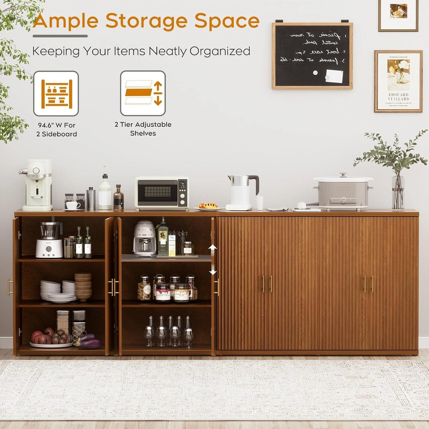 Yechen Black Accent Fluted Sideboard Buffet Cabinet with Storage and 4 Doors, Mordern Credenza Storage Cabinet with Adjustable Shelves, Media Console Table, for Living Room Dinning Entryway Kitchen