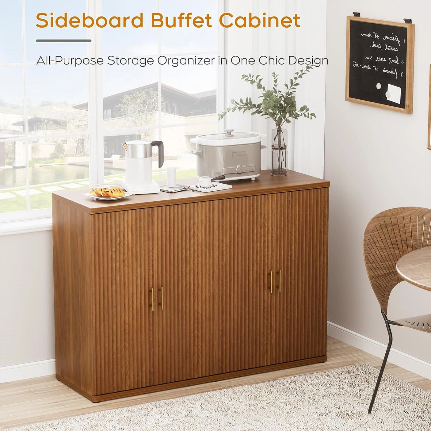 Yechen Black Accent Fluted Sideboard Buffet Cabinet with Storage and 4 Doors, Mordern Credenza Storage Cabinet with Adjustable Shelves, Media Console Table, for Living Room Dinning Entryway Kitchen