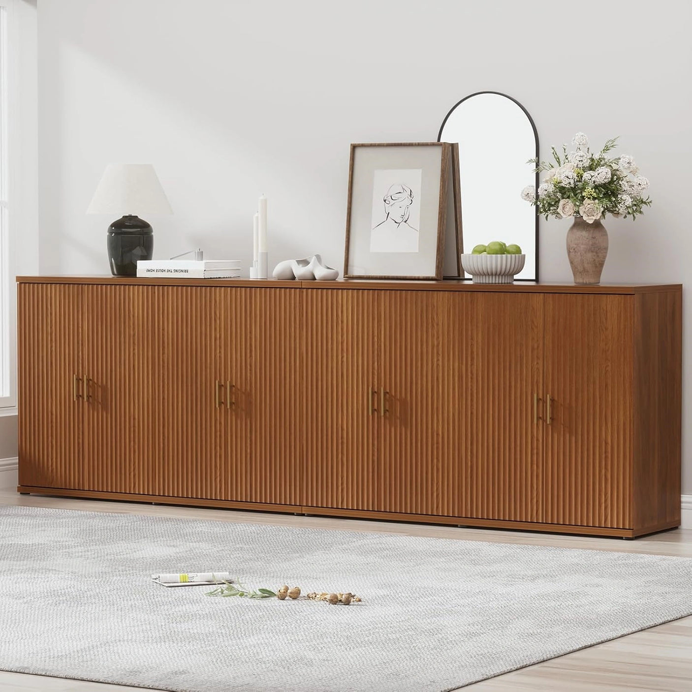 Yechen Black Accent Fluted Sideboard Buffet Cabinet with Storage and 4 Doors, Mordern Credenza Storage Cabinet with Adjustable Shelves, Media Console Table, for Living Room Dinning Entryway Kitchen