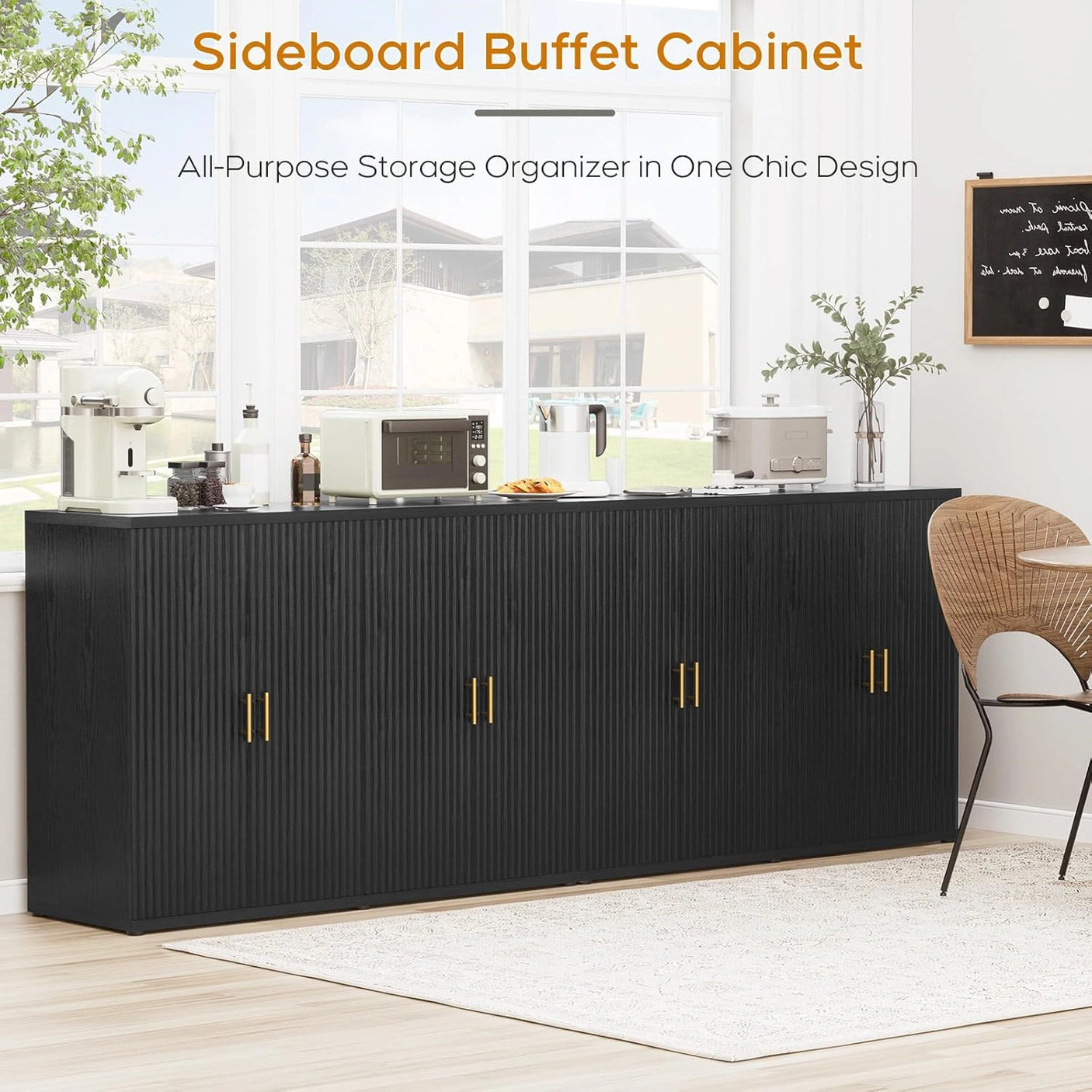 Yechen Black Accent Fluted Sideboard Buffet Cabinet with Storage and 4 Doors, Mordern Credenza Storage Cabinet with Adjustable Shelves, Media Console Table, for Living Room Dinning Entryway Kitchen