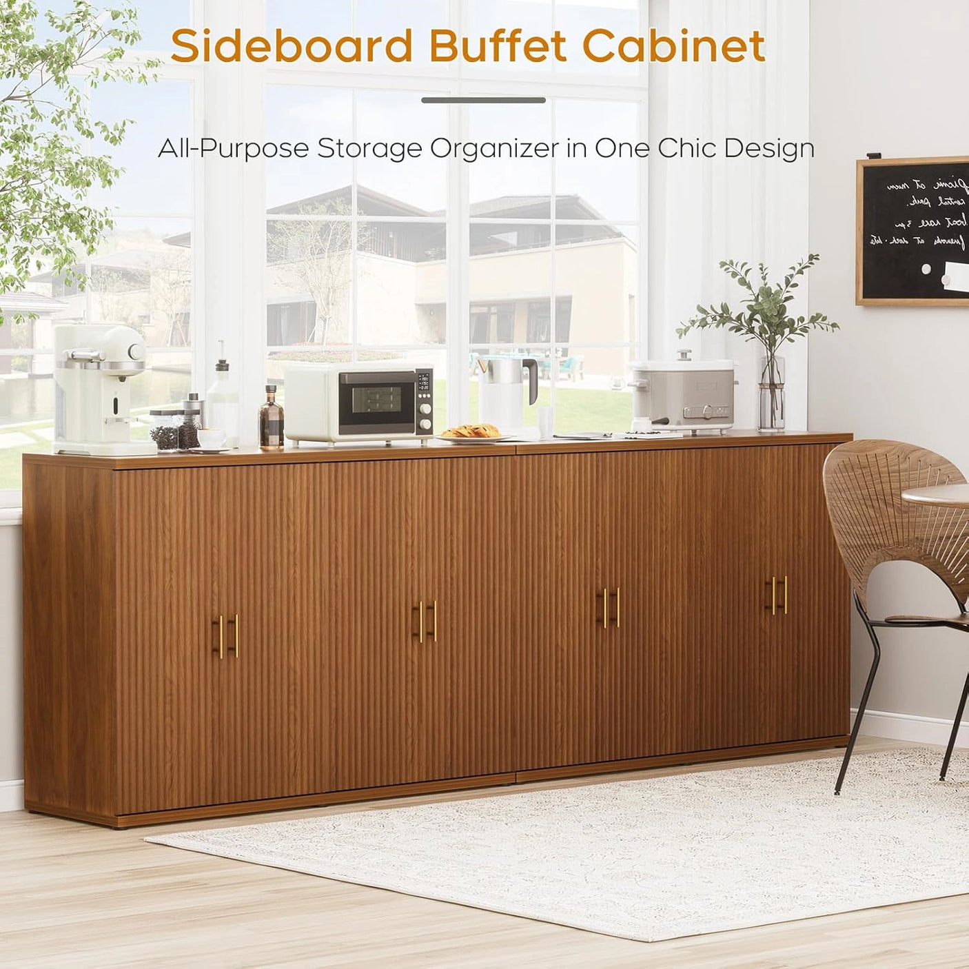 Yechen Black Accent Fluted Sideboard Buffet Cabinet with Storage and 4 Doors, Mordern Credenza Storage Cabinet with Adjustable Shelves, Media Console Table, for Living Room Dinning Entryway Kitchen