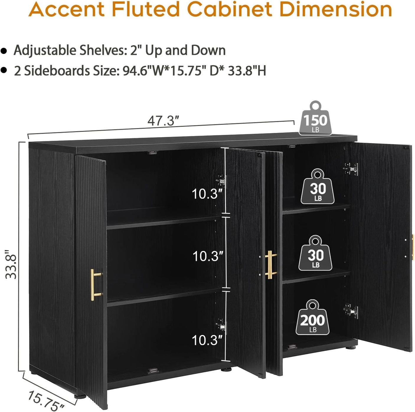 Yechen Black Accent Fluted Sideboard Buffet Cabinet with Storage and 4 Doors, Mordern Credenza Storage Cabinet with Adjustable Shelves, Media Console Table, for Living Room Dinning Entryway Kitchen
