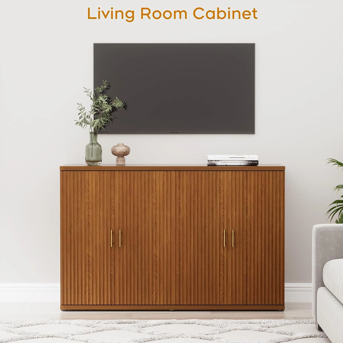 Yechen Black Accent Fluted Sideboard Buffet Cabinet with Storage and 4 Doors, Mordern Credenza Storage Cabinet with Adjustable Shelves, Media Console Table, for Living Room Dinning Entryway Kitchen