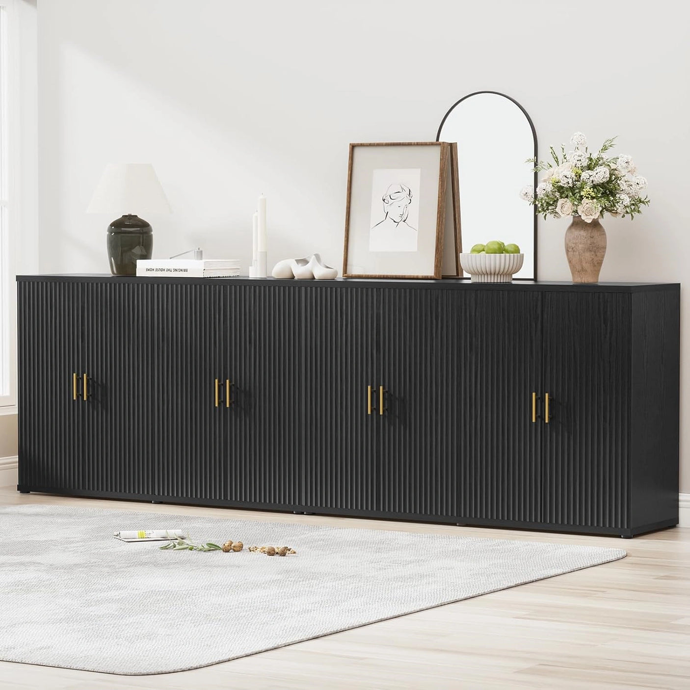 Yechen Black Accent Fluted Sideboard Buffet Cabinet with Storage and 4 Doors, Mordern Credenza Storage Cabinet with Adjustable Shelves, Media Console Table, for Living Room Dinning Entryway Kitchen