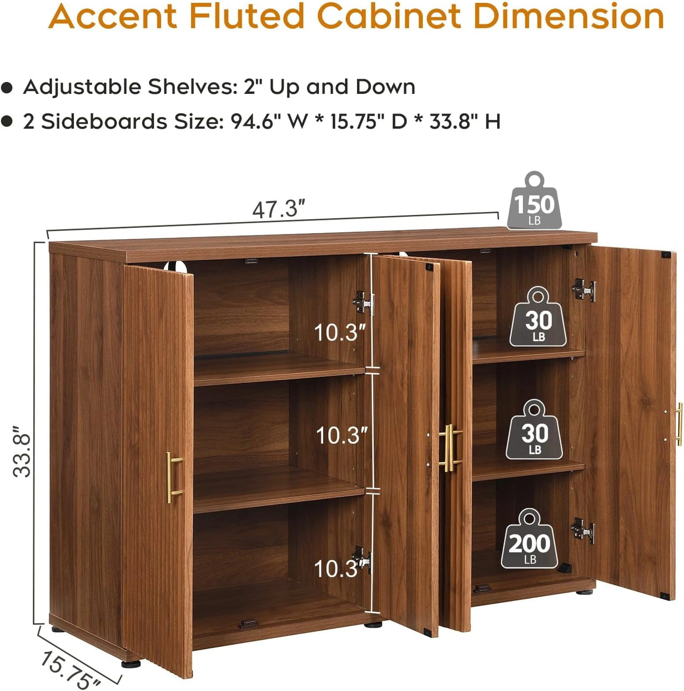 Yechen Black Accent Fluted Sideboard Buffet Cabinet with Storage and 4 Doors, Mordern Credenza Storage Cabinet with Adjustable Shelves, Media Console Table, for Living Room Dinning Entryway Kitchen