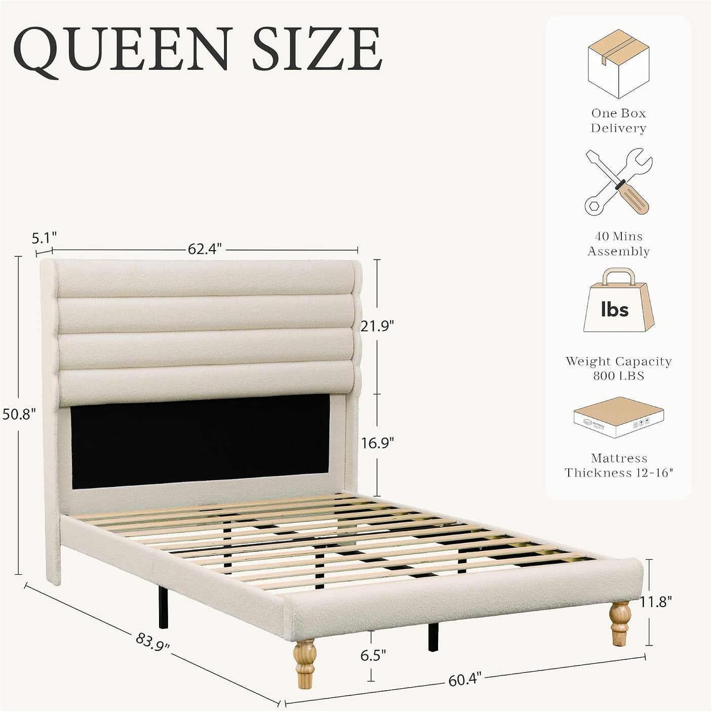 Yechen Cloud Boucle Bed Frame | Wavy Headboard | Full & Queen | No Box Spring | Beige queen size