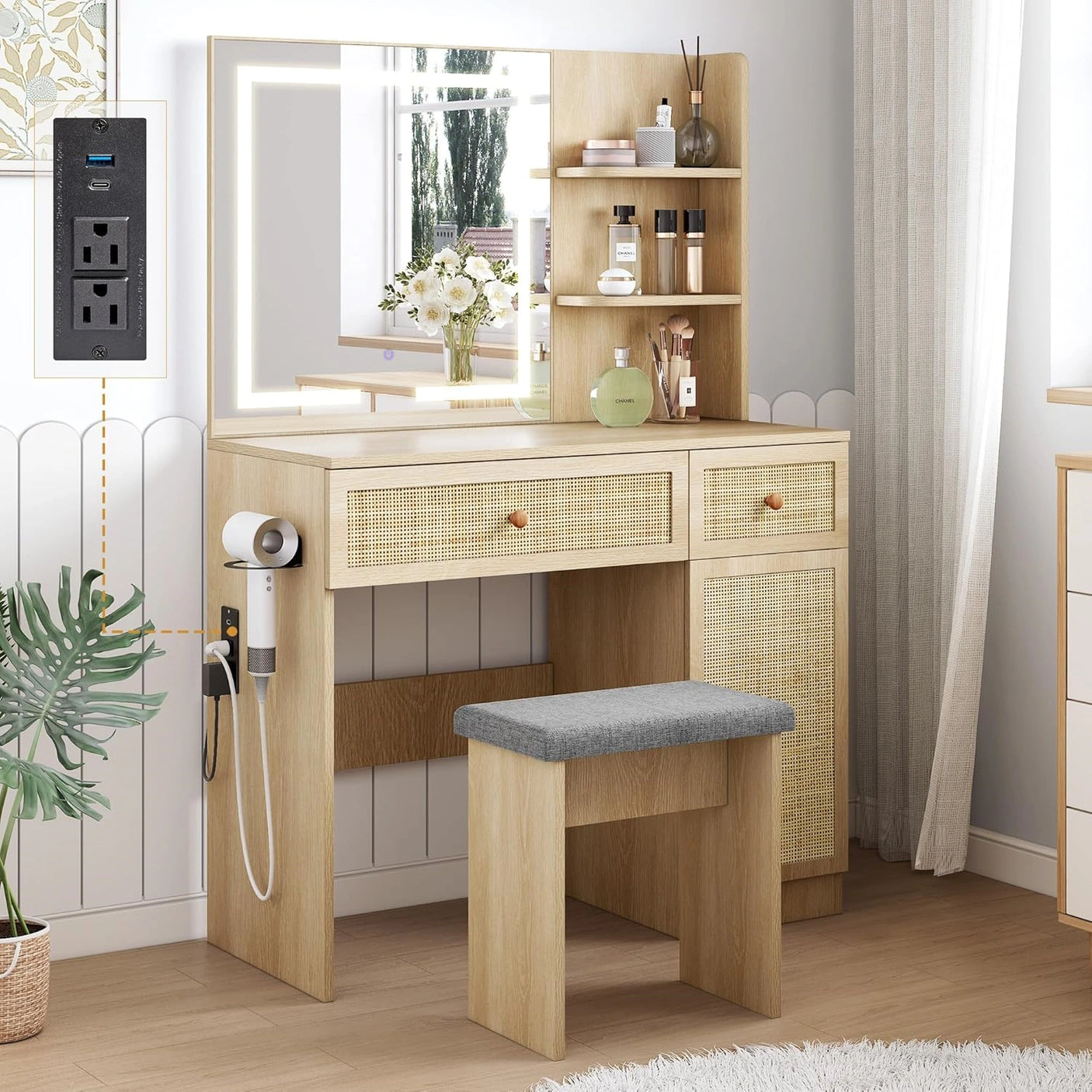 Yechen Home 35" Smart Vanity Desk Set with 3-Color LED Mirror, Power Outlet & Padded Stool