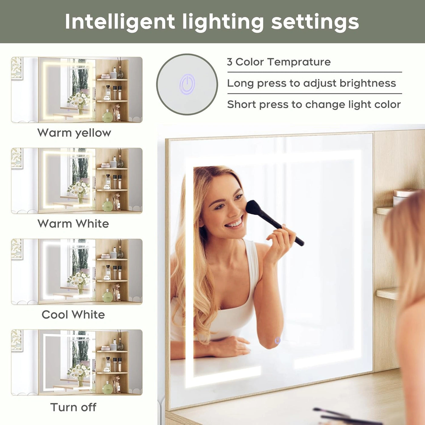 Yechen Home 35" Smart Vanity Desk Set with 3-Color LED Mirror, Power Outlet & Padded Stool