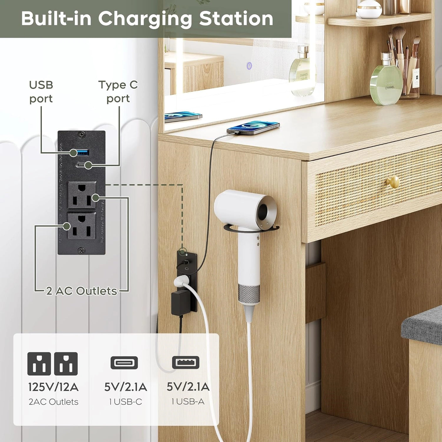 Yechen Home 35" Smart Vanity Desk Set with 3-Color LED Mirror, Power Outlet & Padded Stool