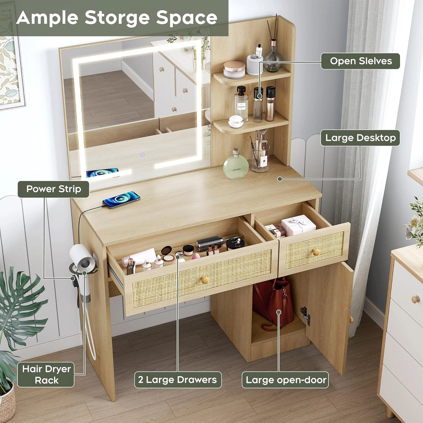 Yechen Home 35" Smart Vanity Desk Set with 3-Color LED Mirror, Power Outlet & Padded Stool