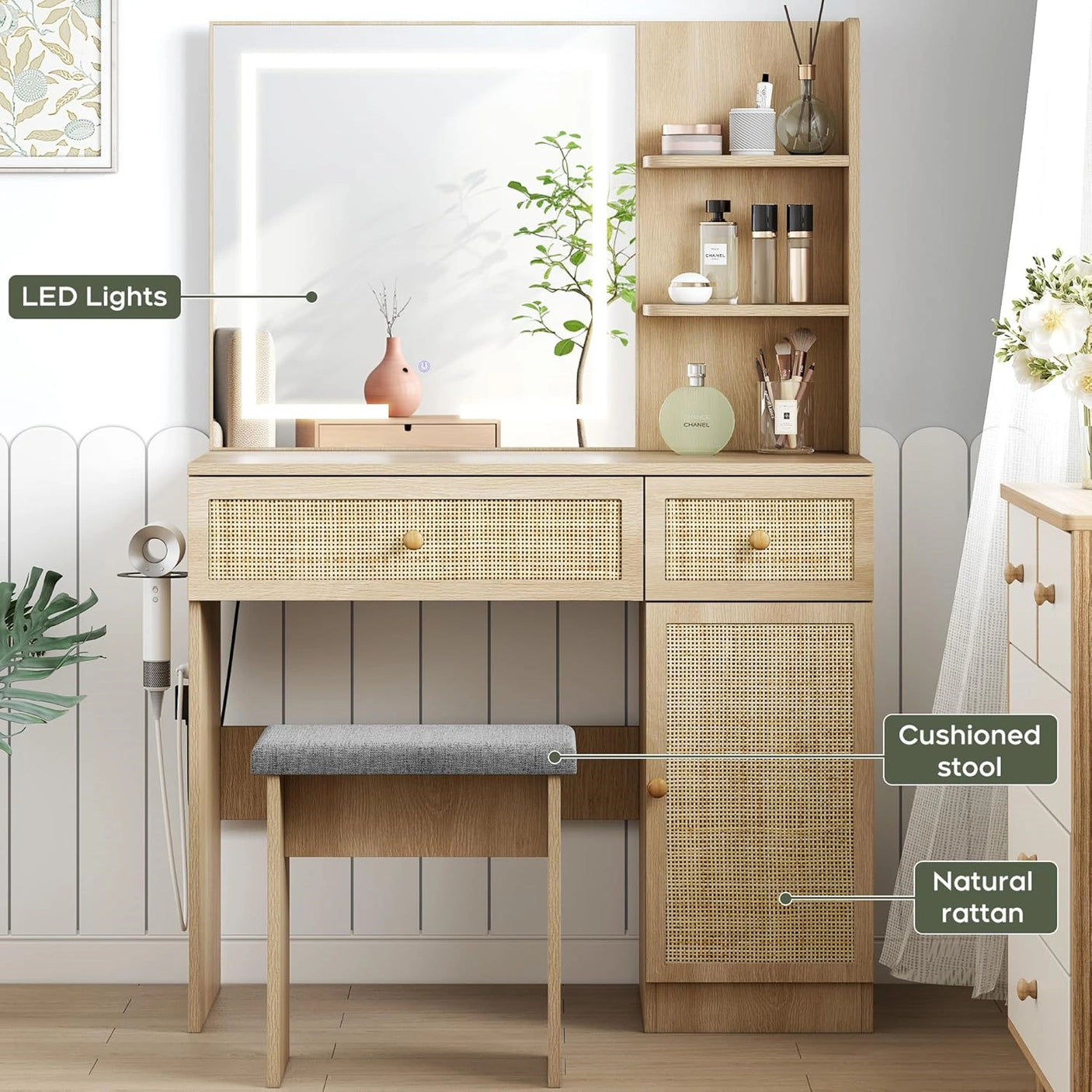 Yechen Home 35" Smart Vanity Desk Set with 3-Color LED Mirror, Power Outlet & Padded Stool