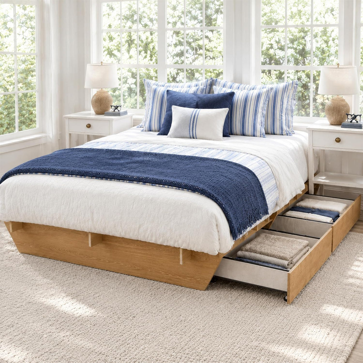Queen Wood Platform Bed Frame 2 Drawers, Japanese Joinery, Natural