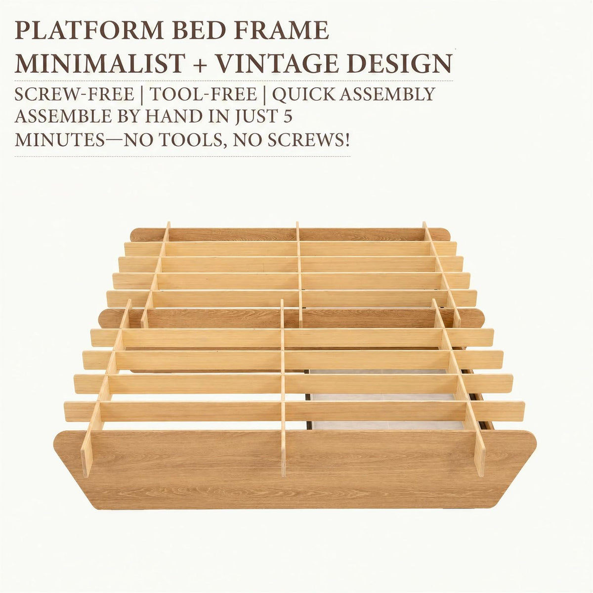 Queen Wood Platform Bed Frame 2 Drawers, Japanese Joinery, Natural