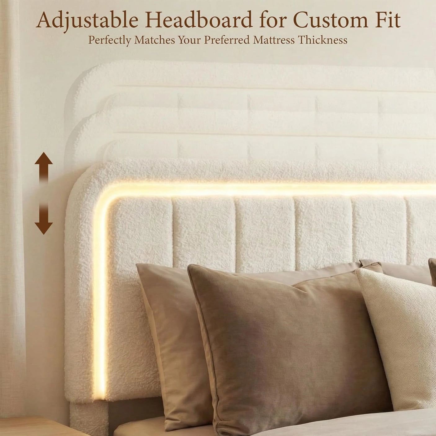 Yechen Luxe Bouclé Platform Bed Frame with Integrated Smart LED Lighting