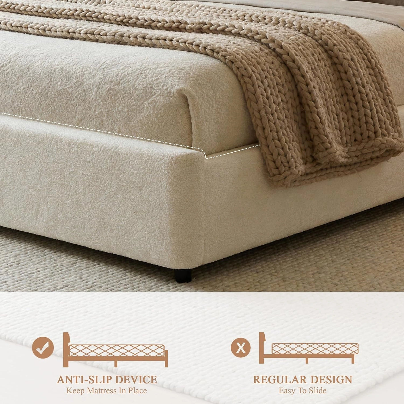 Yechen Luxe Bouclé Platform Bed Frame with Integrated Smart LED Lighting