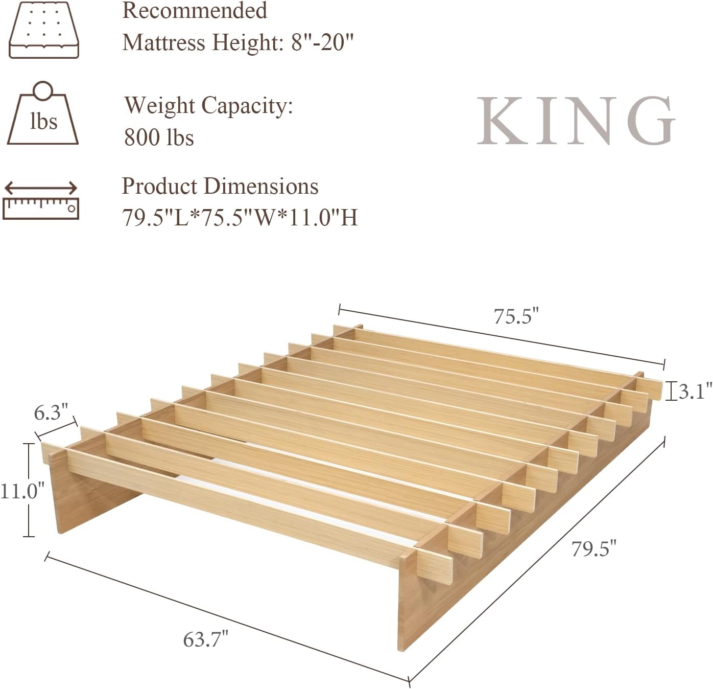 Yechen Solid Wood Platform Bed Frame Queen King Tool-Free Assembly Natural Oak13