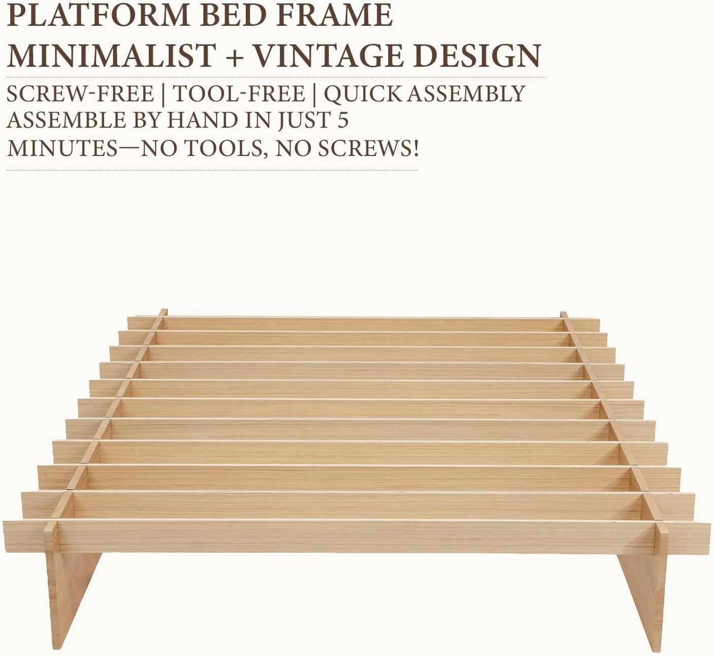 Yechen Solid Wood Platform Bed Frame Queen King Tool-Free Assembly Natural Oak 16