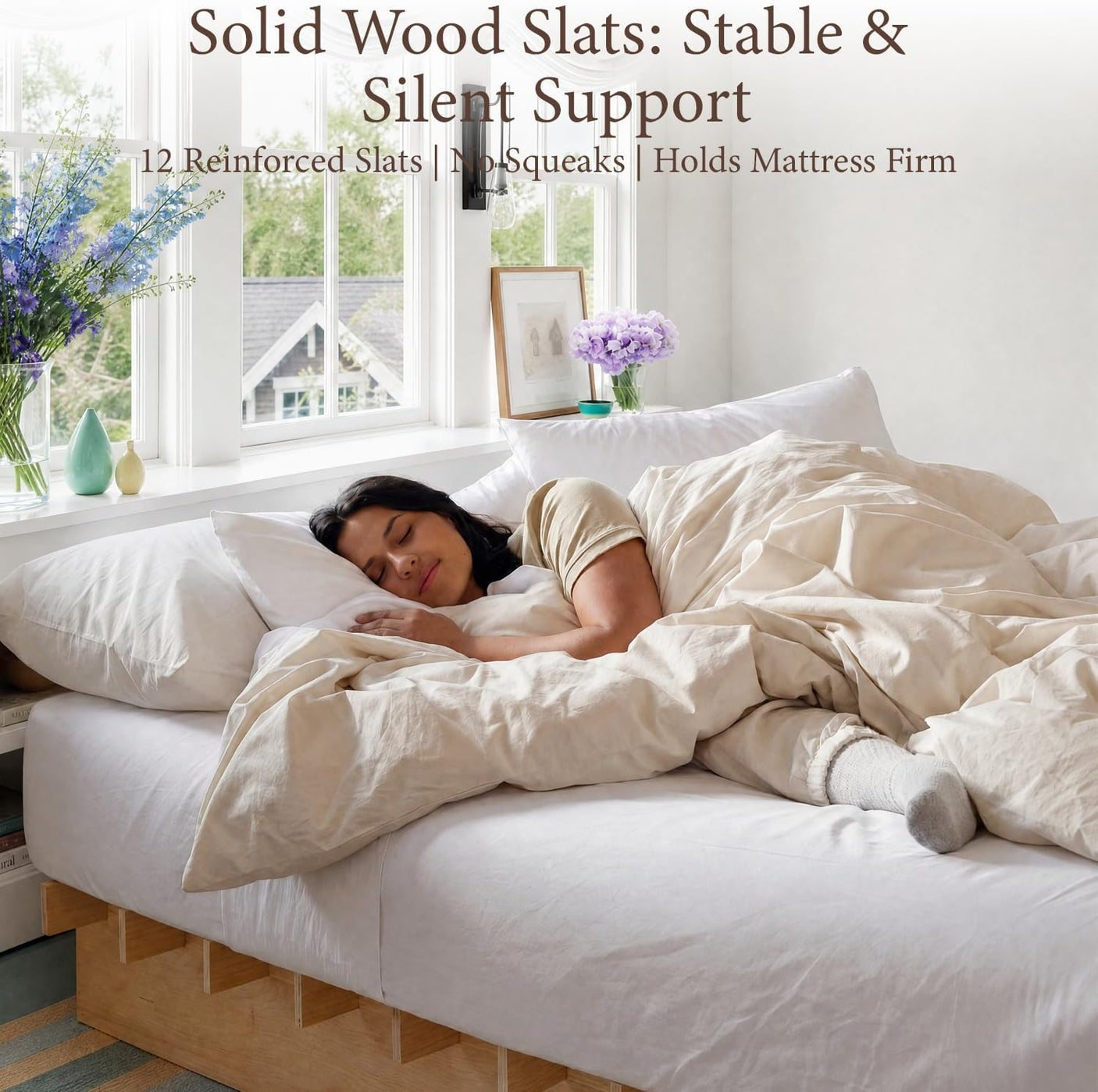 Yechen Solid Wood Platform Bed Frame Queen King Tool-Free Assembly Natural Oak 9