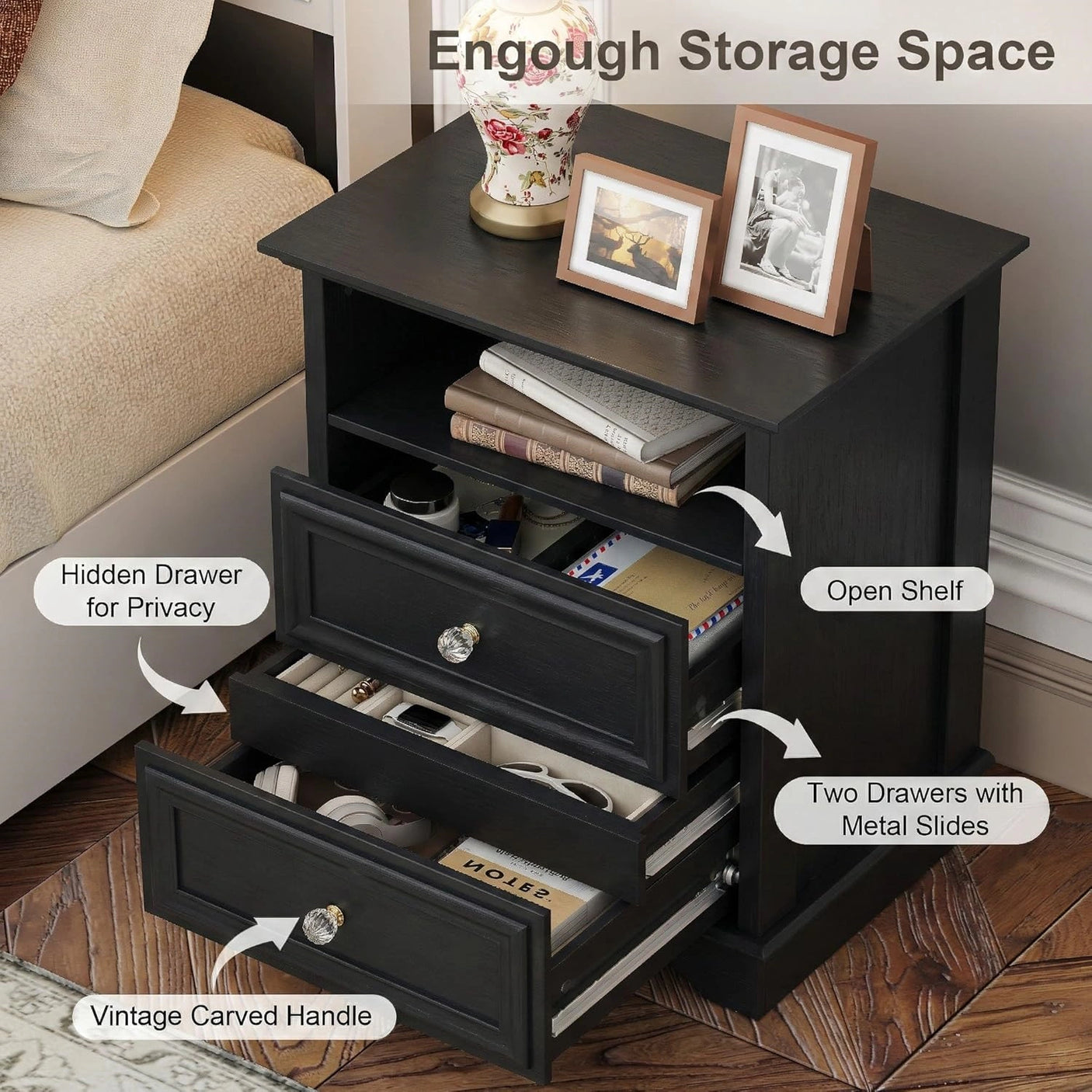 Yechen White Nightstand with Hidden Drawer, 2-Drawer Nightstand – Sturdy Wood Bedroom End Table with Storage, Modern Furniture for Bedroom Organization