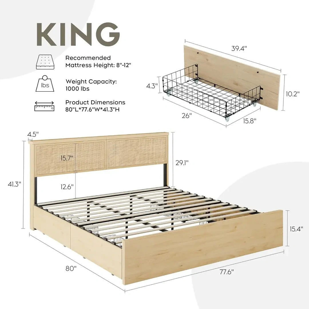 Boho Chic Natural Rattan Bed Frame with 4 Storage Drawers: Sturdy Metal Support & Tool-Free Assembly