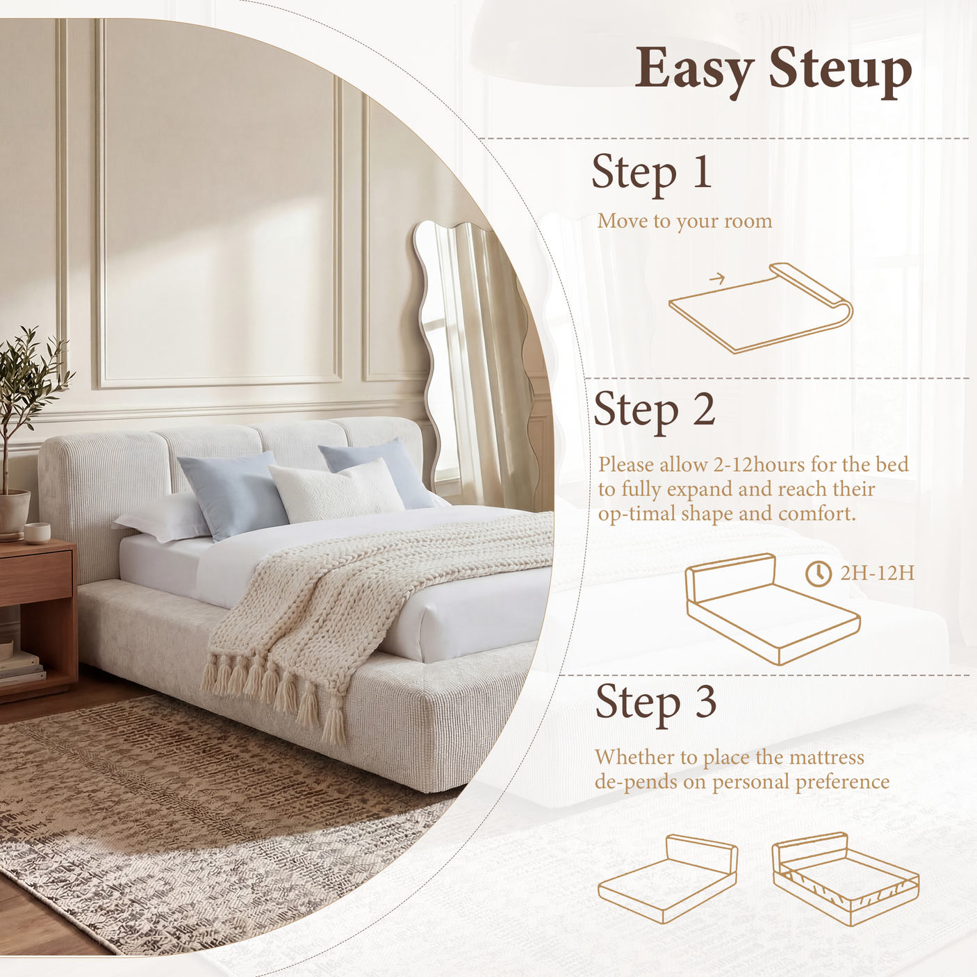 Cloud Bed Frame - Queen Upholstered Linen Platform Bed Frame, 1-Minute Tool-Free Setup, Modern Padded Headboard Mattress Foundation, Supportive Dual-Core Silent Bed Frame