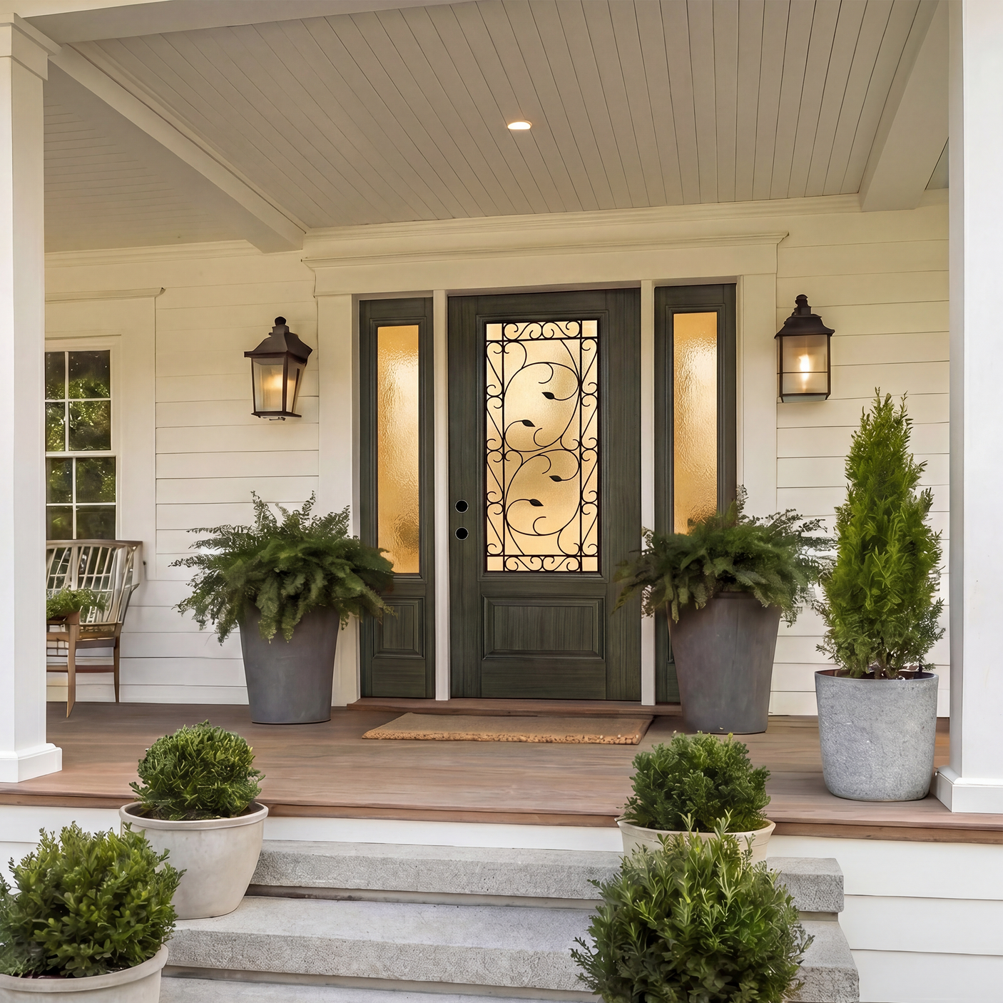 36" x 80" Green Fiberglass Entry Door with 3/4 Lite Wrought Iron Glass, Left or Right Hand Inswing, Classic Style Front Door with 4-9/16" White Vinyl Frame and Brickmould
