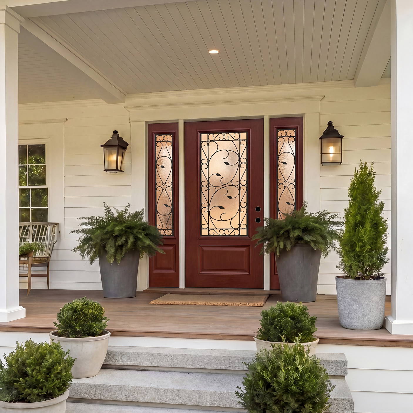 36" x 80" Red Fiberglass Entry Door with 3/4 Lite Wrought Iron Glass, Left or Right Hand Inswing, Classic Style Front Door with 4-9/16" White Vinyl Frame and Brickmould