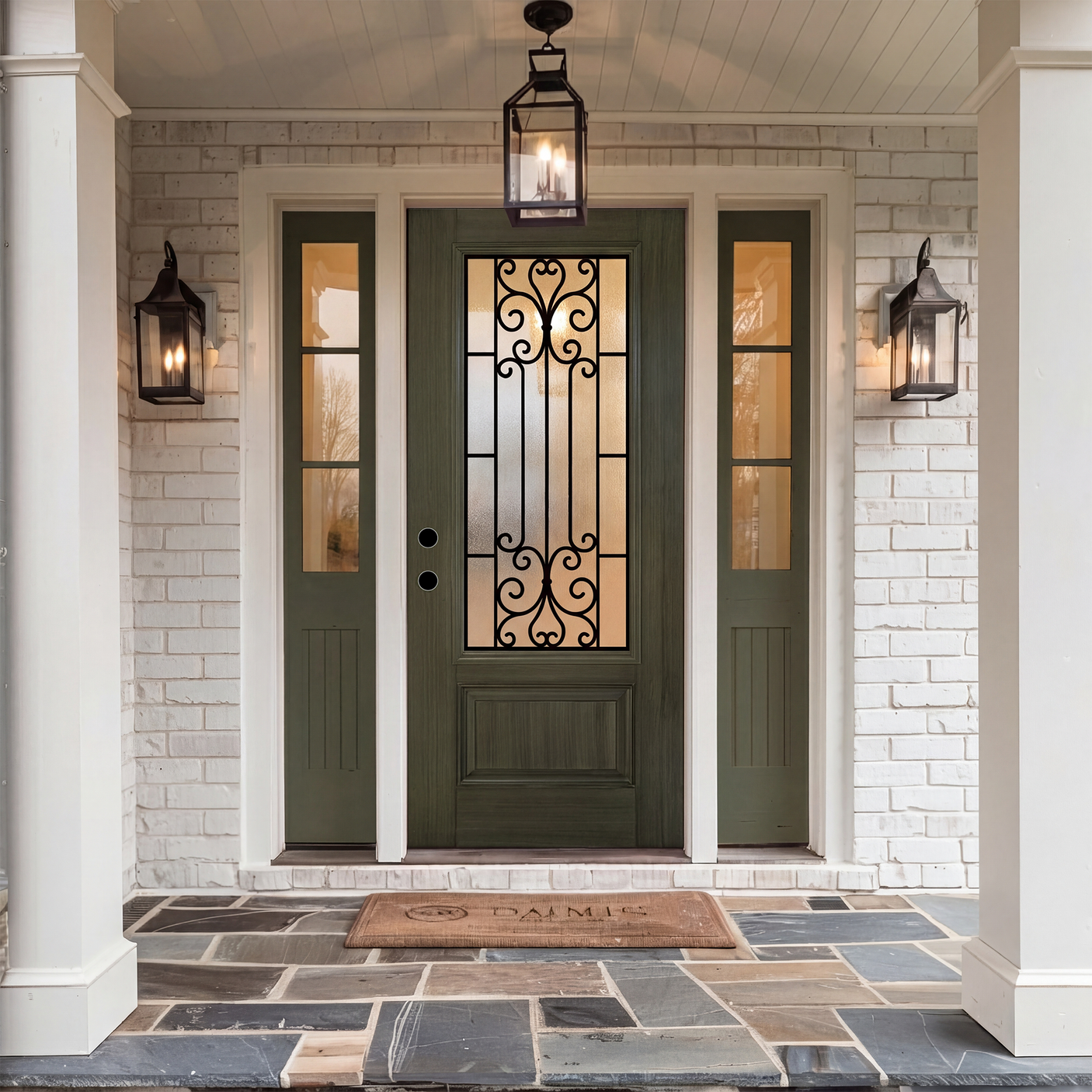 36" x 80" Green Fiberglass Entry Door with 3/4 Lite Wrought Iron Glass, Left or Right Hand Inswing, Classic Style Front Door with 4-9/16" White Vinyl Frame and Brickmould