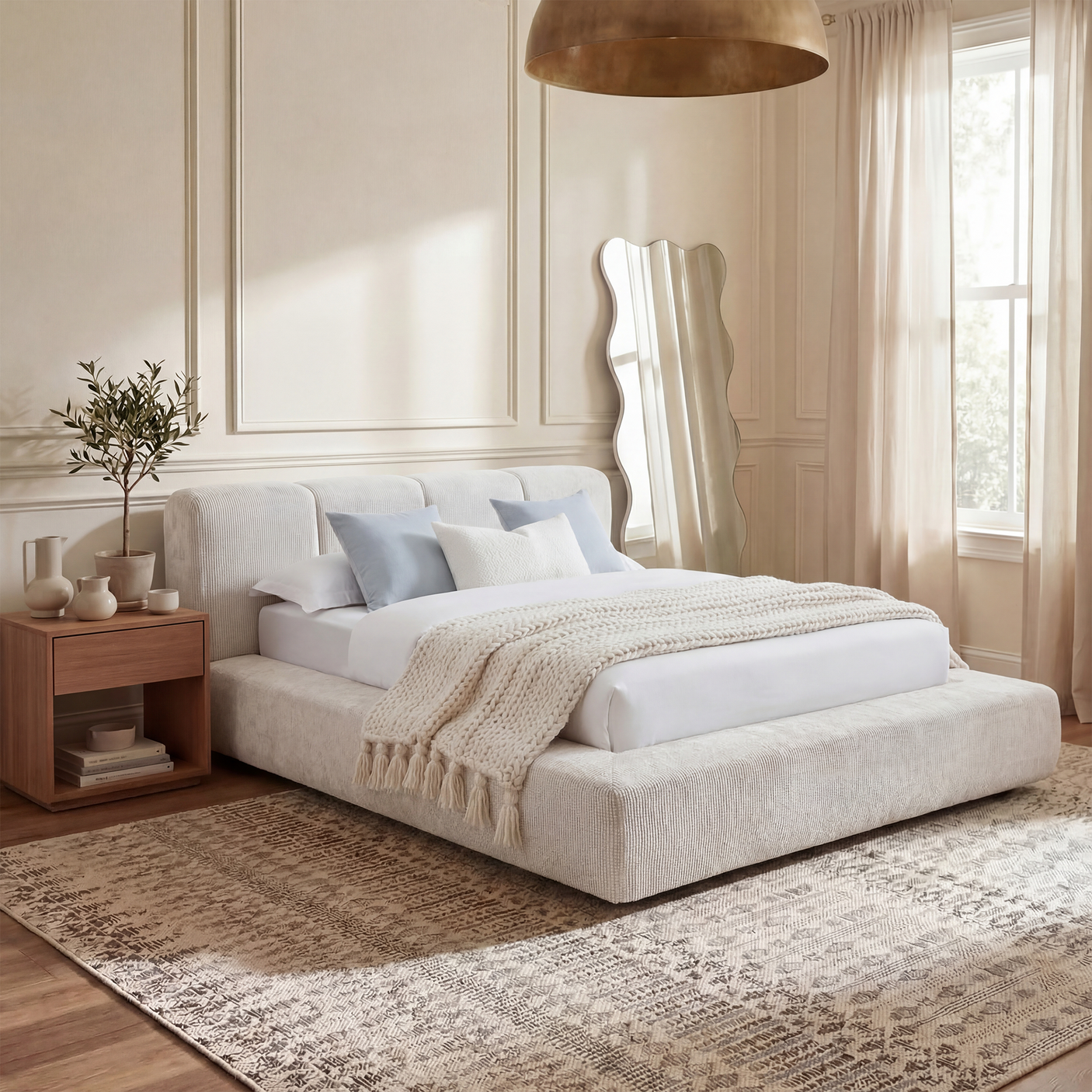 Cloud Bed Frame - Queen Upholstered Linen Platform Bed Frame, 1-Minute Tool-Free Setup, Modern Padded Headboard Mattress Foundation, Supportive Dual-Core Silent Bed Frame