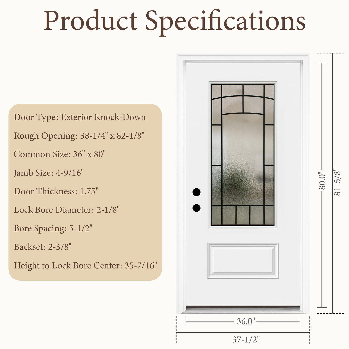 36" x 80" Smooth White Fiberglass Entry Door – 3/4 View Frosted Privacy Glass | Left & Right Hand Inswing