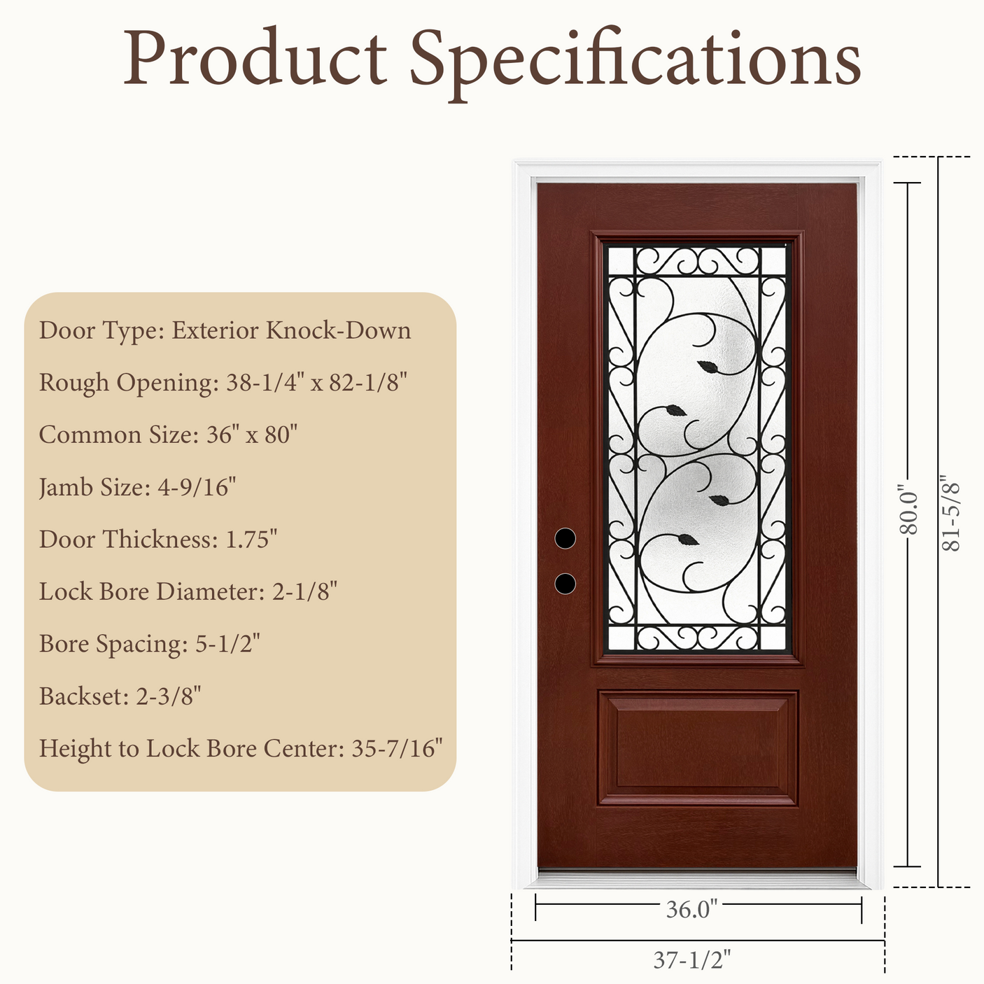 36" x 80" Red Fiberglass Entry Door with 3/4 Lite Wrought Iron Glass, Left or Right Hand Inswing, Classic Style Front Door with 4-9/16" White Vinyl Frame and Brickmould