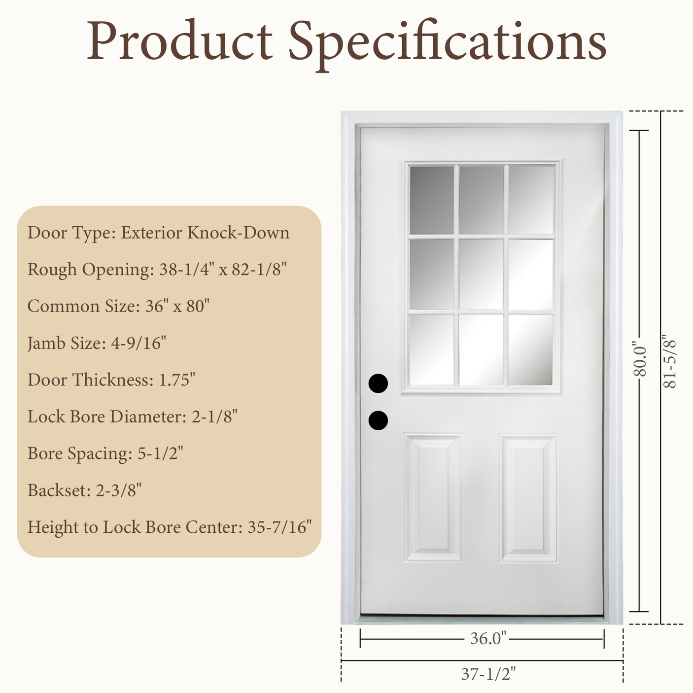 36" x 80" Fiberglass Entry Door | 9-Lite Low-E Glass | White | Right Hand Inswing